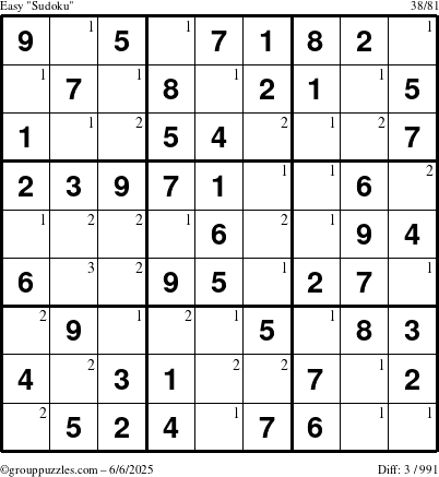 The grouppuzzles.com Easy Sudoku puzzle for Friday June 6, 2025 with the first 3 steps marked