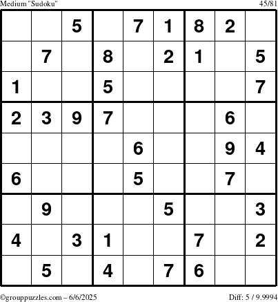 The grouppuzzles.com Medium Sudoku puzzle for Friday June 6, 2025