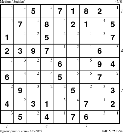 The grouppuzzles.com Medium Sudoku puzzle for Friday June 6, 2025 with all 5 steps marked