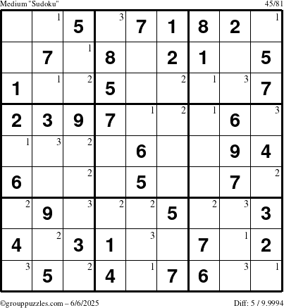 The grouppuzzles.com Medium Sudoku puzzle for Friday June 6, 2025 with the first 3 steps marked