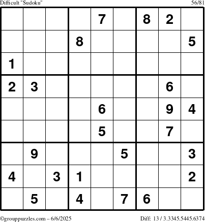 The grouppuzzles.com Difficult Sudoku puzzle for Friday June 6, 2025