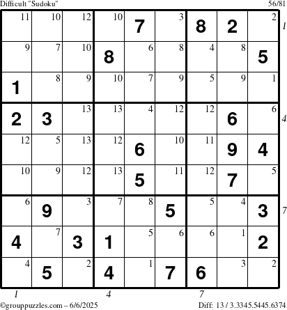 The grouppuzzles.com Difficult Sudoku puzzle for Friday June 6, 2025 with all 13 steps marked