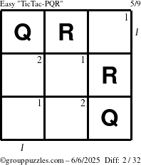 The grouppuzzles.com Easy TicTac-PQR puzzle for Friday June 6, 2025 with all 2 steps marked