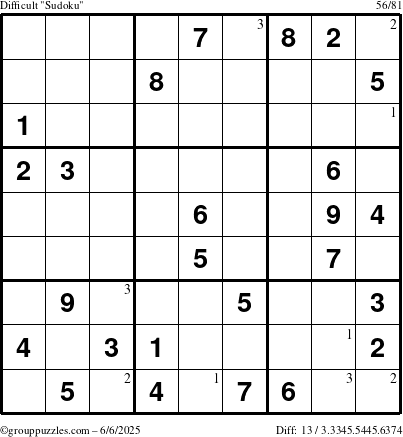 The grouppuzzles.com Difficult Sudoku puzzle for Friday June 6, 2025 with the first 3 steps marked