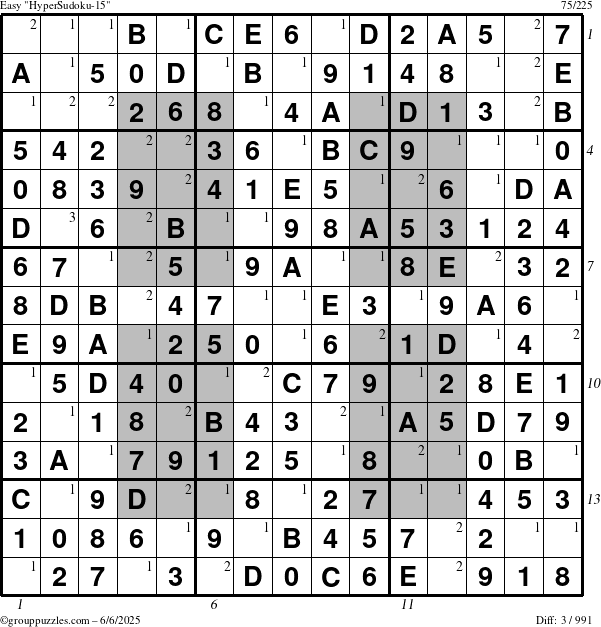 The grouppuzzles.com Easy HyperSudoku-15 puzzle for Friday June 6, 2025 with all 3 steps marked