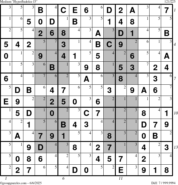The grouppuzzles.com Medium HyperSudoku-15 puzzle for Friday June 6, 2025, suitable for printing, with all 7 steps marked