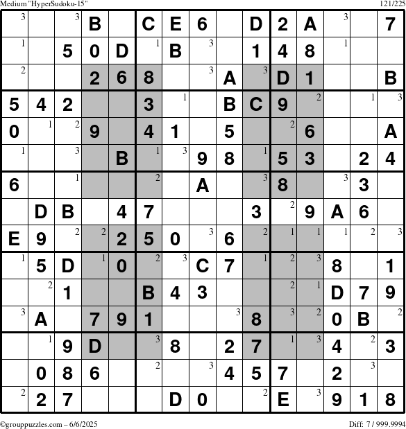 The grouppuzzles.com Medium HyperSudoku-15 puzzle for Friday June 6, 2025 with the first 3 steps marked