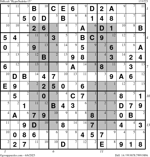 The grouppuzzles.com Difficult HyperSudoku-15 puzzle for Friday June 6, 2025 with all 14 steps marked