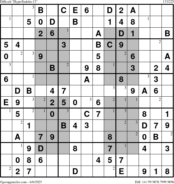 The grouppuzzles.com Difficult HyperSudoku-15 puzzle for Friday June 6, 2025 with the first 3 steps marked