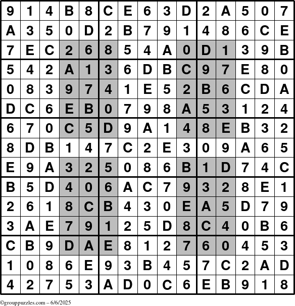 The grouppuzzles.com Answer grid for the HyperSudoku-15 puzzle for Friday June 6, 2025