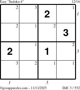 The grouppuzzles.com Easy Sudoku-4 puzzle for Tuesday November 11, 2025, suitable for printing, with all 3 steps marked