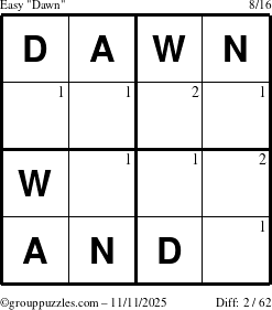 The grouppuzzles.com Easy Dawn puzzle for Tuesday November 11, 2025 with the first 2 steps marked