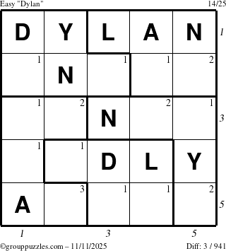 The grouppuzzles.com Easy Dylan puzzle for Tuesday November 11, 2025 with all 3 steps marked