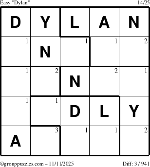 The grouppuzzles.com Easy Dylan puzzle for Tuesday November 11, 2025 with the first 3 steps marked