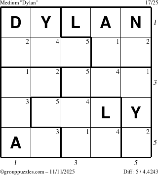 The grouppuzzles.com Medium Dylan puzzle for Tuesday November 11, 2025, suitable for printing, with all 5 steps marked