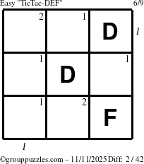 The grouppuzzles.com Easy TicTac-DEF puzzle for Tuesday November 11, 2025, suitable for printing, with all 2 steps marked