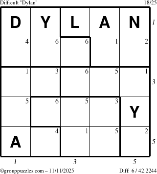 The grouppuzzles.com Difficult Dylan puzzle for Tuesday November 11, 2025, suitable for printing, with all 6 steps marked