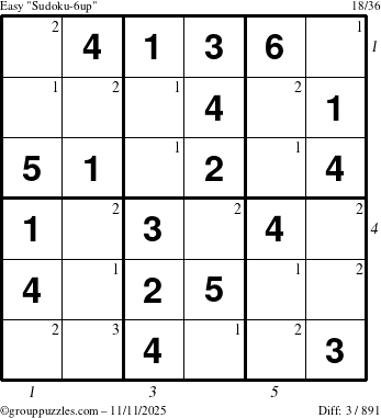The grouppuzzles.com Easy Sudoku-6up puzzle for Tuesday November 11, 2025 with all 3 steps marked