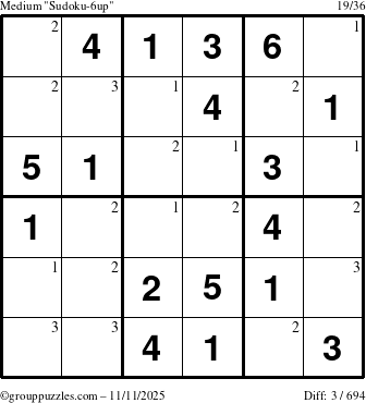 The grouppuzzles.com Medium Sudoku-6up puzzle for Tuesday November 11, 2025 with the first 3 steps marked