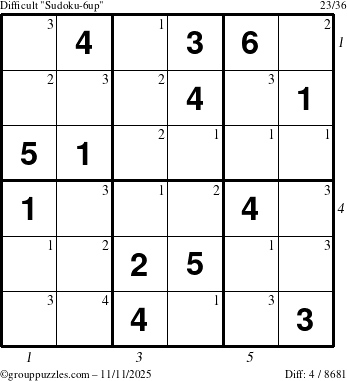 The grouppuzzles.com Difficult Sudoku-6up puzzle for Tuesday November 11, 2025, suitable for printing, with all 4 steps marked