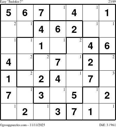 The grouppuzzles.com Easy Sudoku-7 puzzle for Tuesday November 11, 2025 with the first 3 steps marked