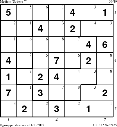 The grouppuzzles.com Medium Sudoku-7 puzzle for Tuesday November 11, 2025, suitable for printing, with all 8 steps marked