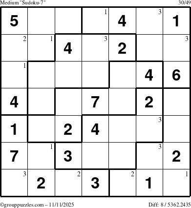 The grouppuzzles.com Medium Sudoku-7 puzzle for Tuesday November 11, 2025 with the first 3 steps marked