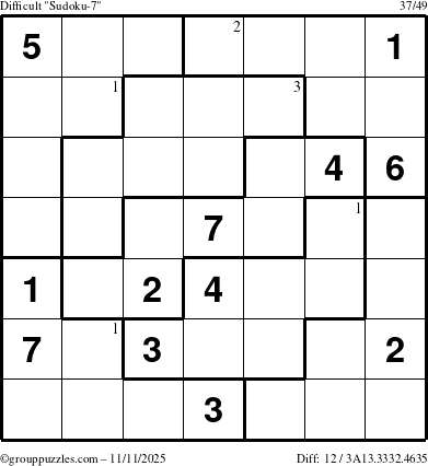 The grouppuzzles.com Difficult Sudoku-7 puzzle for Tuesday November 11, 2025 with the first 3 steps marked