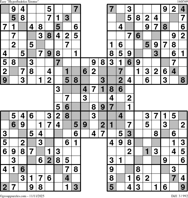The grouppuzzles.com Easy HyperSudoku-Xtreme puzzle for Tuesday November 11, 2025