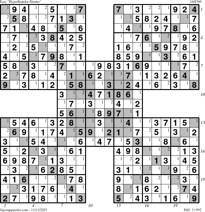 The grouppuzzles.com Easy HyperSudoku-Xtreme puzzle for Tuesday November 11, 2025, suitable for printing, with all 3 steps marked