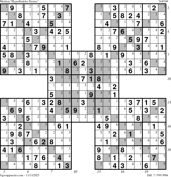 The grouppuzzles.com Medium HyperSudoku-Xtreme puzzle for Tuesday November 11, 2025 with all 7 steps marked
