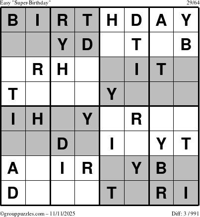 The grouppuzzles.com Easy Super-Birthday puzzle for Tuesday November 11, 2025
