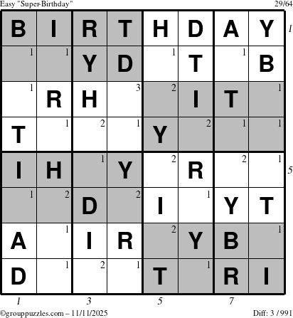 The grouppuzzles.com Easy Super-Birthday puzzle for Tuesday November 11, 2025 with all 3 steps marked
