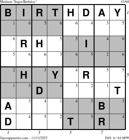 The grouppuzzles.com Medium Super-Birthday puzzle for Tuesday November 11, 2025, suitable for printing, with all 6 steps marked
