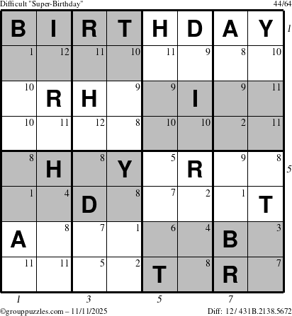 The grouppuzzles.com Difficult Super-Birthday puzzle for Tuesday November 11, 2025 with all 12 steps marked