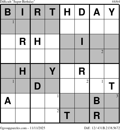 The grouppuzzles.com Difficult Super-Birthday puzzle for Tuesday November 11, 2025 with the first 3 steps marked