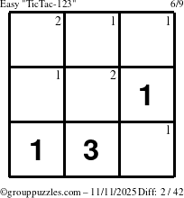 The grouppuzzles.com Easy TicTac-123 puzzle for Tuesday November 11, 2025 with the first 2 steps marked