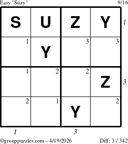 The grouppuzzles.com Easy Suzy puzzle for Sunday April 19, 2026 with all 3 steps marked