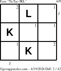 The grouppuzzles.com Easy TicTac-JKL puzzle for Sunday April 19, 2026, suitable for printing, with all 2 steps marked