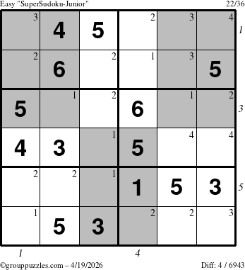 The grouppuzzles.com Easy SuperSudoku-Junior puzzle for Sunday April 19, 2026, suitable for printing, with all 4 steps marked