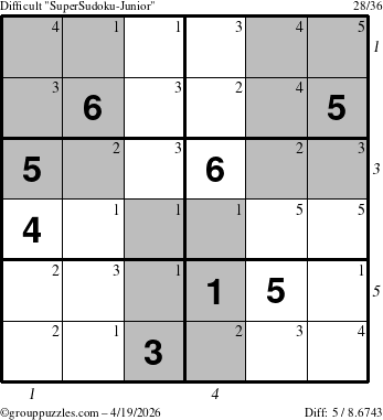The grouppuzzles.com Difficult SuperSudoku-Junior puzzle for Sunday April 19, 2026, suitable for printing, with all 5 steps marked