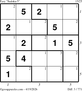 The grouppuzzles.com Easy Sudoku-5 puzzle for Sunday April 19, 2026, suitable for printing, with all 3 steps marked