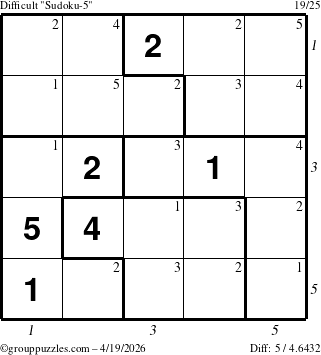The grouppuzzles.com Difficult Sudoku-5 puzzle for Sunday April 19, 2026 with all 5 steps marked