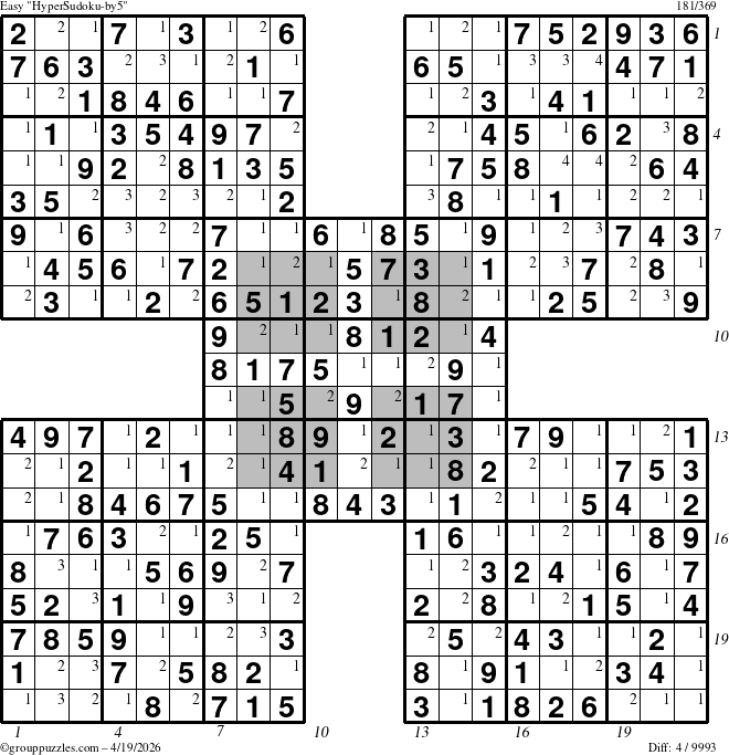 The grouppuzzles.com Easy HyperSudoku-by5 puzzle for Sunday April 19, 2026 with all 4 steps marked