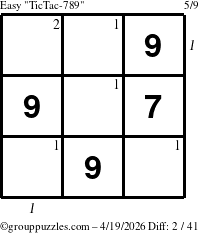 The grouppuzzles.com Easy TicTac-789 puzzle for Sunday April 19, 2026 with all 2 steps marked