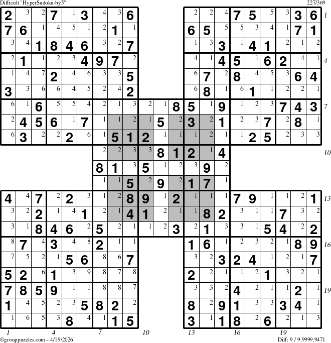 The grouppuzzles.com Difficult HyperSudoku-by5 puzzle for Sunday April 19, 2026, suitable for printing, with all 9 steps marked