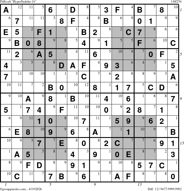 The grouppuzzles.com Difficult HyperSudoku-16 puzzle for Sunday April 19, 2026, suitable for printing, with all 12 steps marked