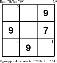 The grouppuzzles.com Easy TicTac-789 puzzle for Sunday April 19, 2026 with the first 2 steps marked