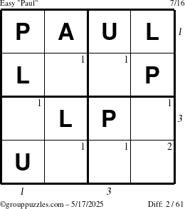 The grouppuzzles.com Easy Paul puzzle for Saturday May 17, 2025 with all 2 steps marked