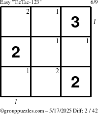 The grouppuzzles.com Easy TicTac-123 puzzle for Saturday May 17, 2025, suitable for printing, with all 2 steps marked